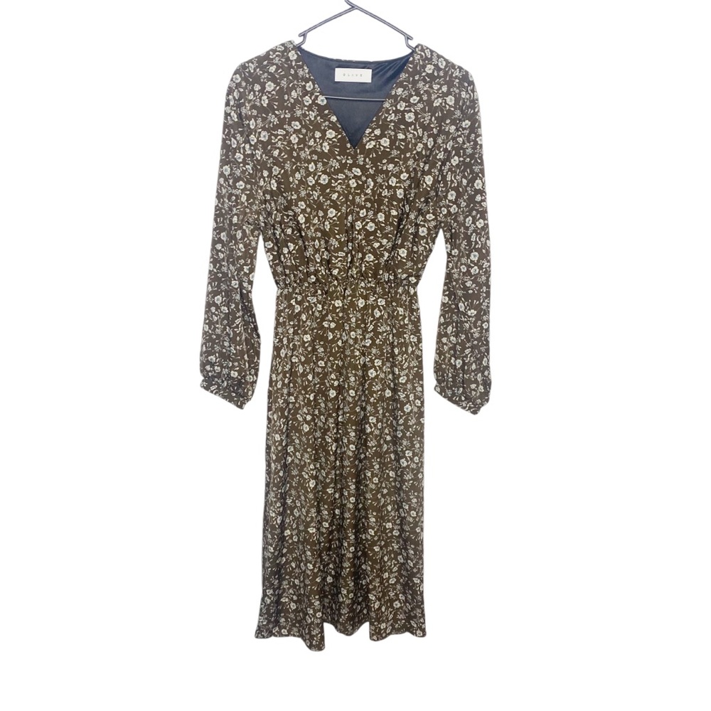 OLIVE brown floral midi dress faux wrap size 4